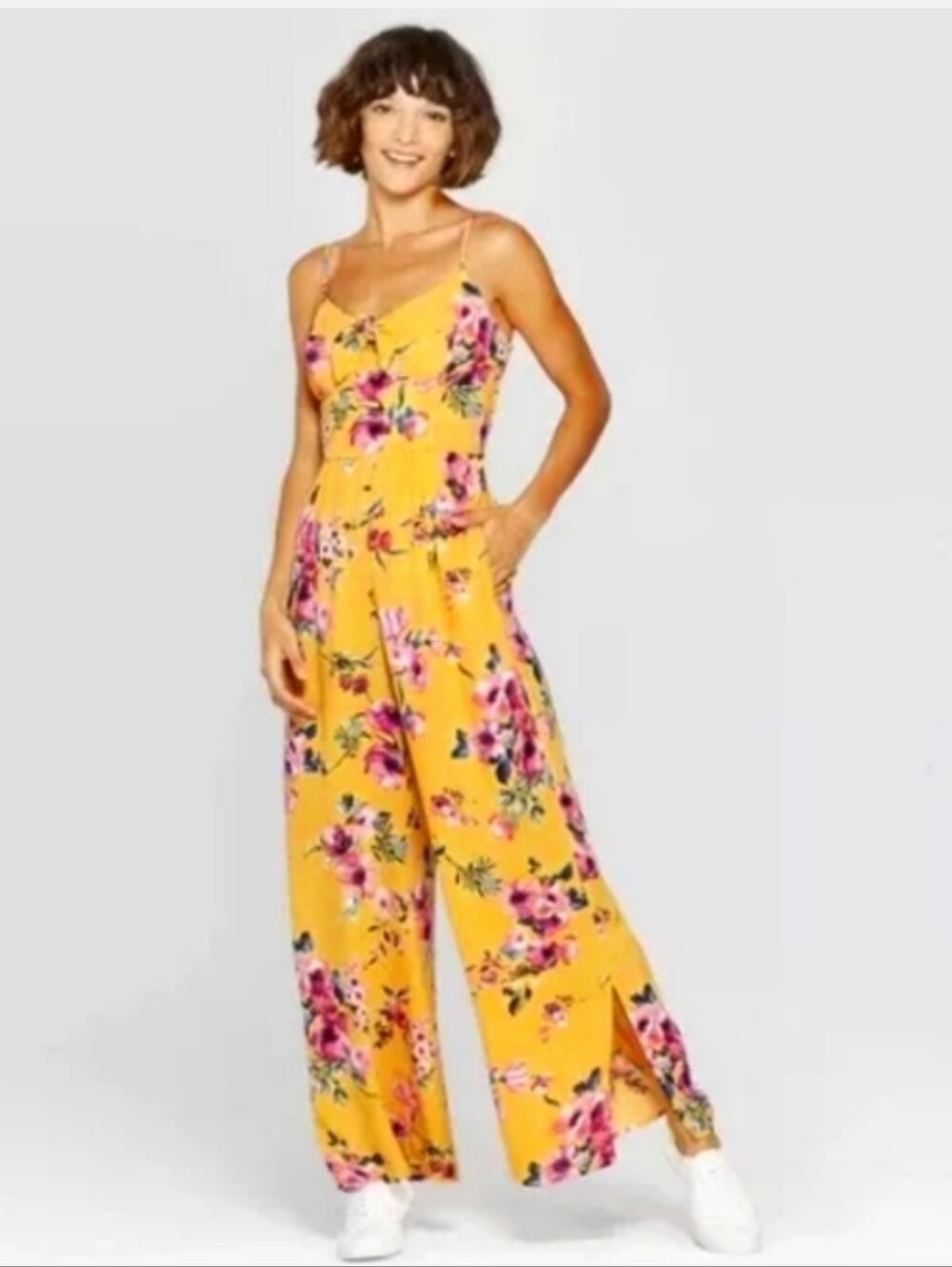 XHILARATION Floral Yellow Wide Leg Jumpsuit XXL